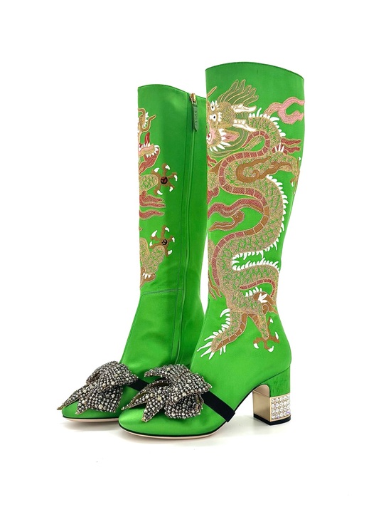 Gucci Shoes - Gucci Candy Dragon Embroidered Bow Crystal Embellished Knee High Boots 36
